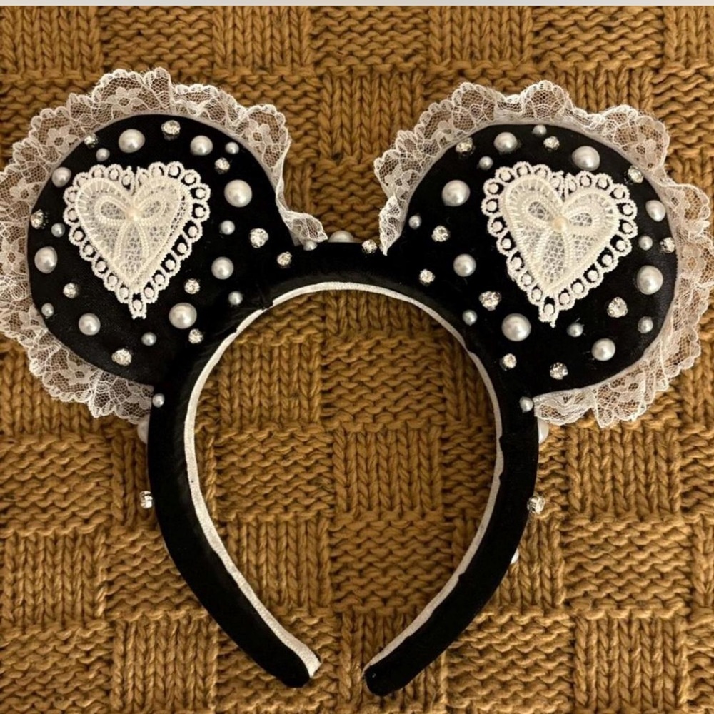 Black and white lace hearts and pearls Mickey Mouse ears
